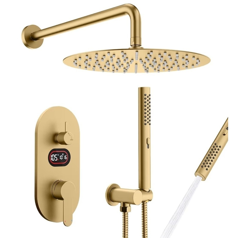 Longriver Brushed Gold Shower Faucet Set 10" Rain Head Hydro Power Temp Display
